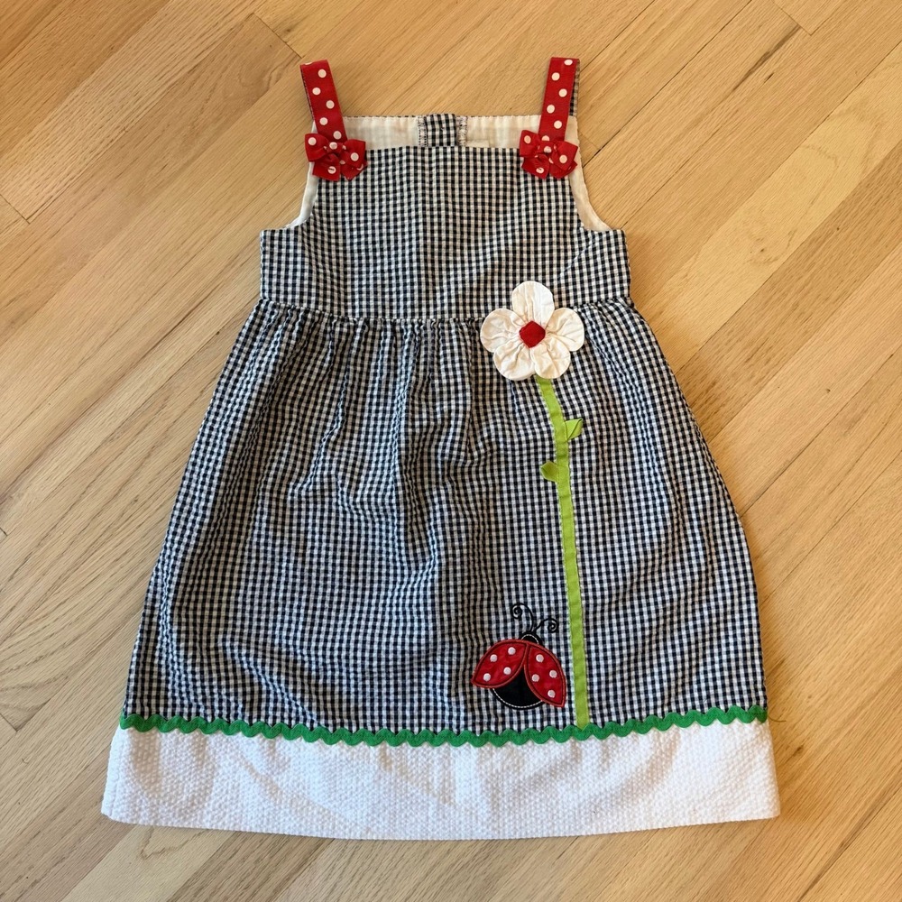 Emily Rose Girls Navy Gingham Ladybug Daisy Dress Size 5 Patriotic USA